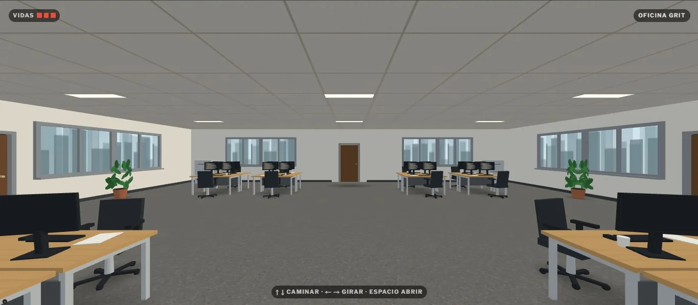 Vista en primera persona de una oficina 3D con escritorios, monitores y una puerta al fondo.